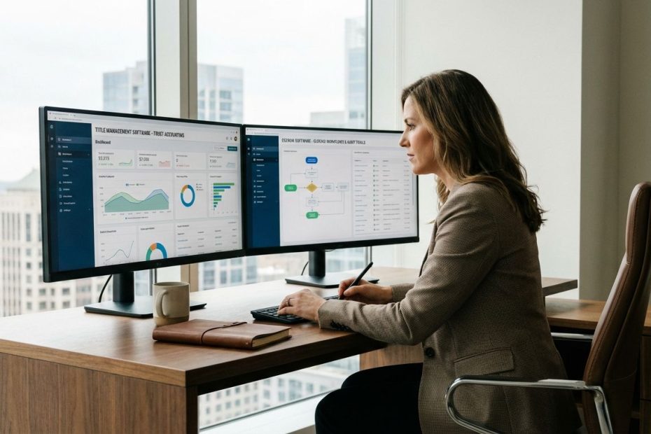 Real estate attorney reviewing title escrow software dashboard with escrow ledger and closing checklist on a laptop.